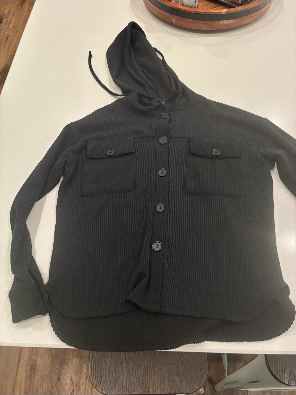 Black Hooded Button-Up Knit Shacket. Womens small